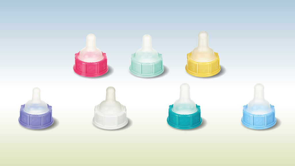 Trinksauger für Babyflaschen in sieben verschiedenen Farben = Größen